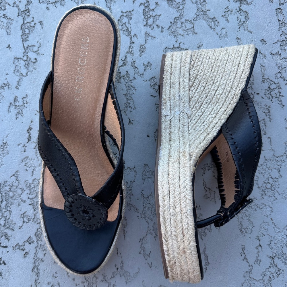 Jack Rogers Women's Black Leather Espadrille Wedge Sandals Flip Flops Size 9.5M - Picture 1 of 8